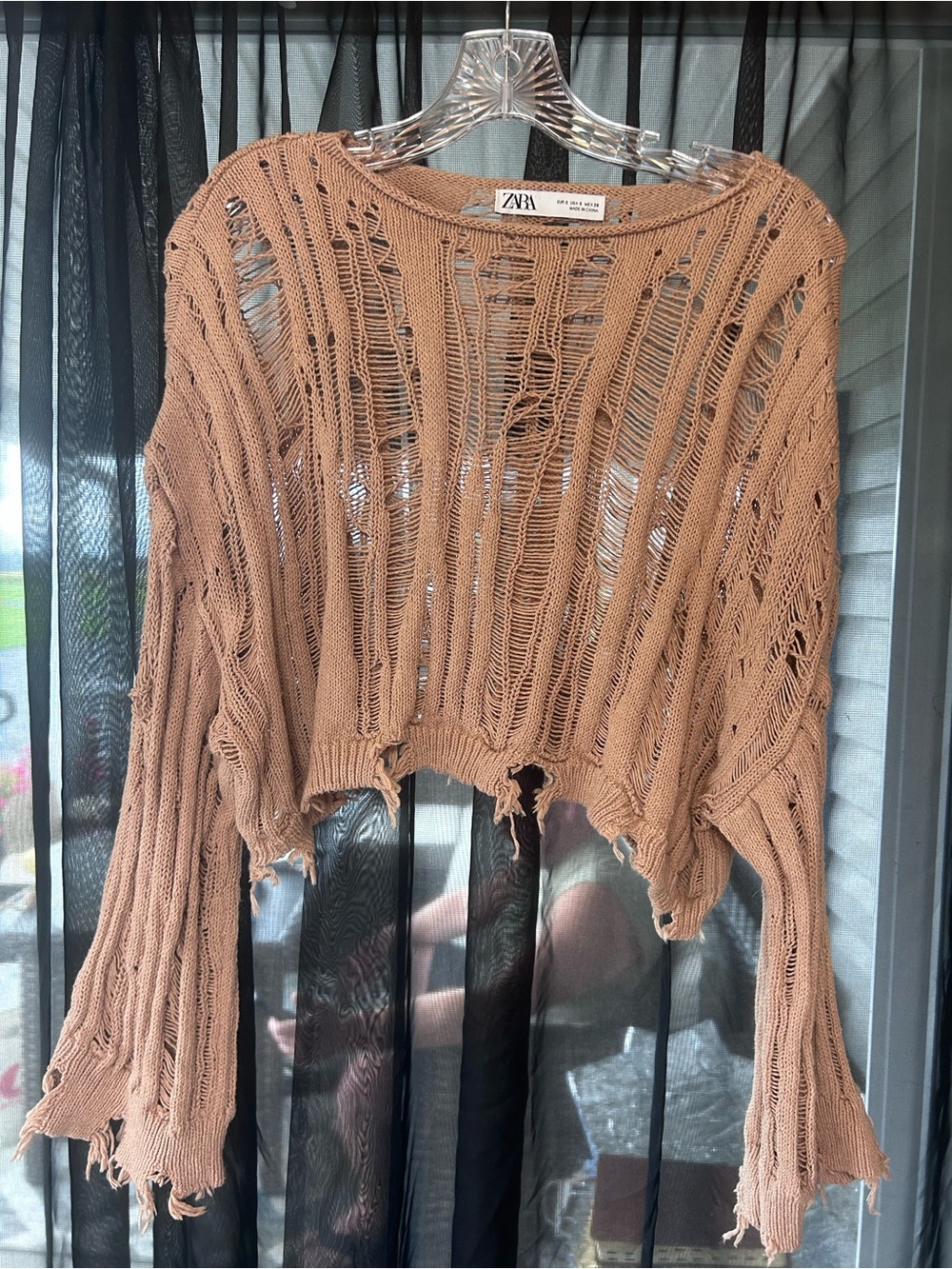 Zara Distressed Cropped Knit Top in Tan